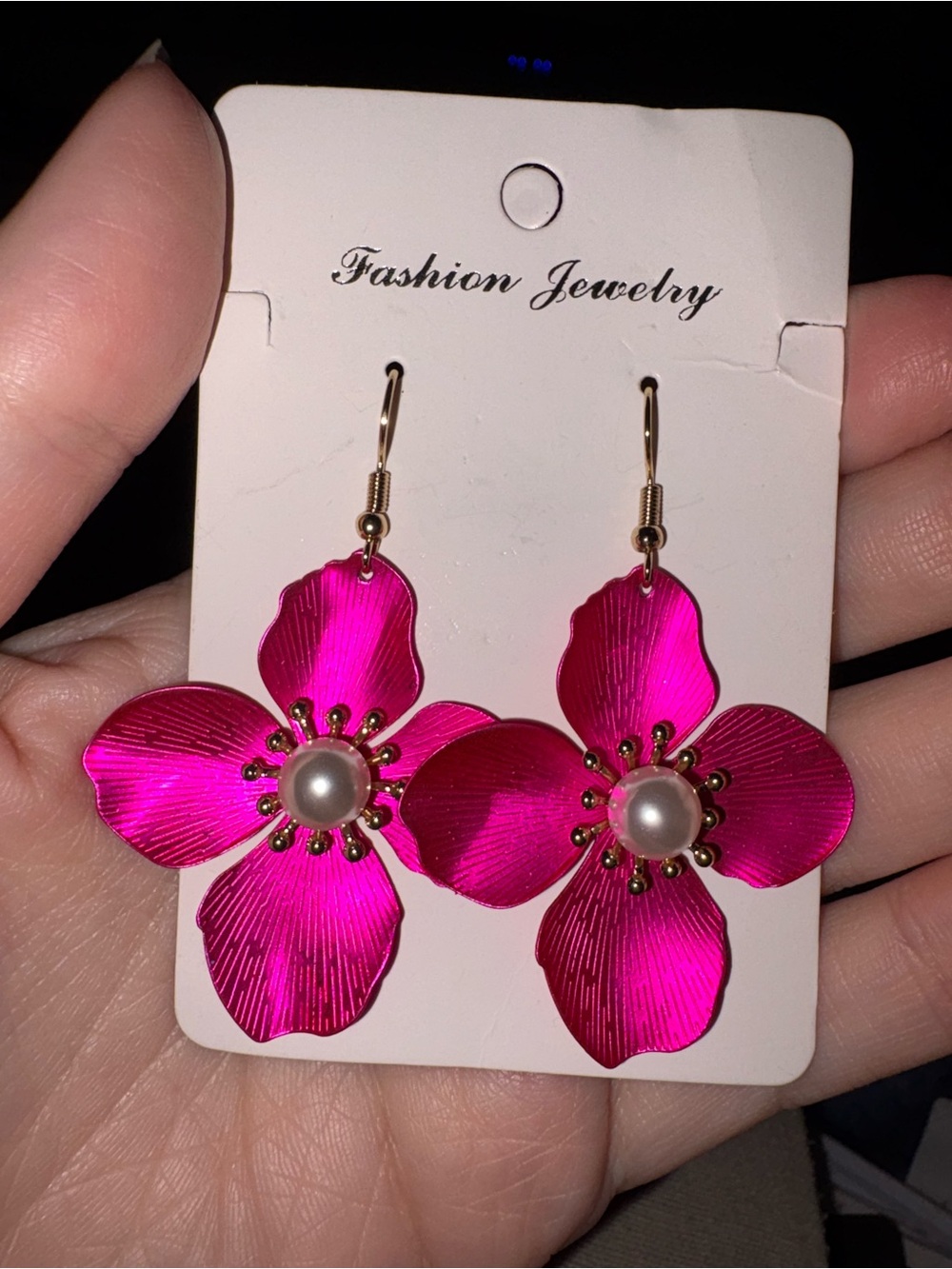 Fashion Jewelry Hot Pink Flower Dangle Earrings with Pearl Accent